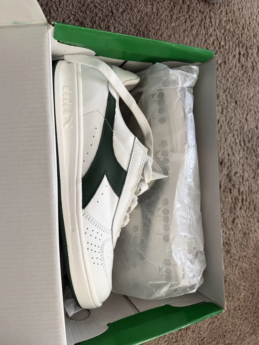 Diadora White Leather Sneakers with Dark Green Accent